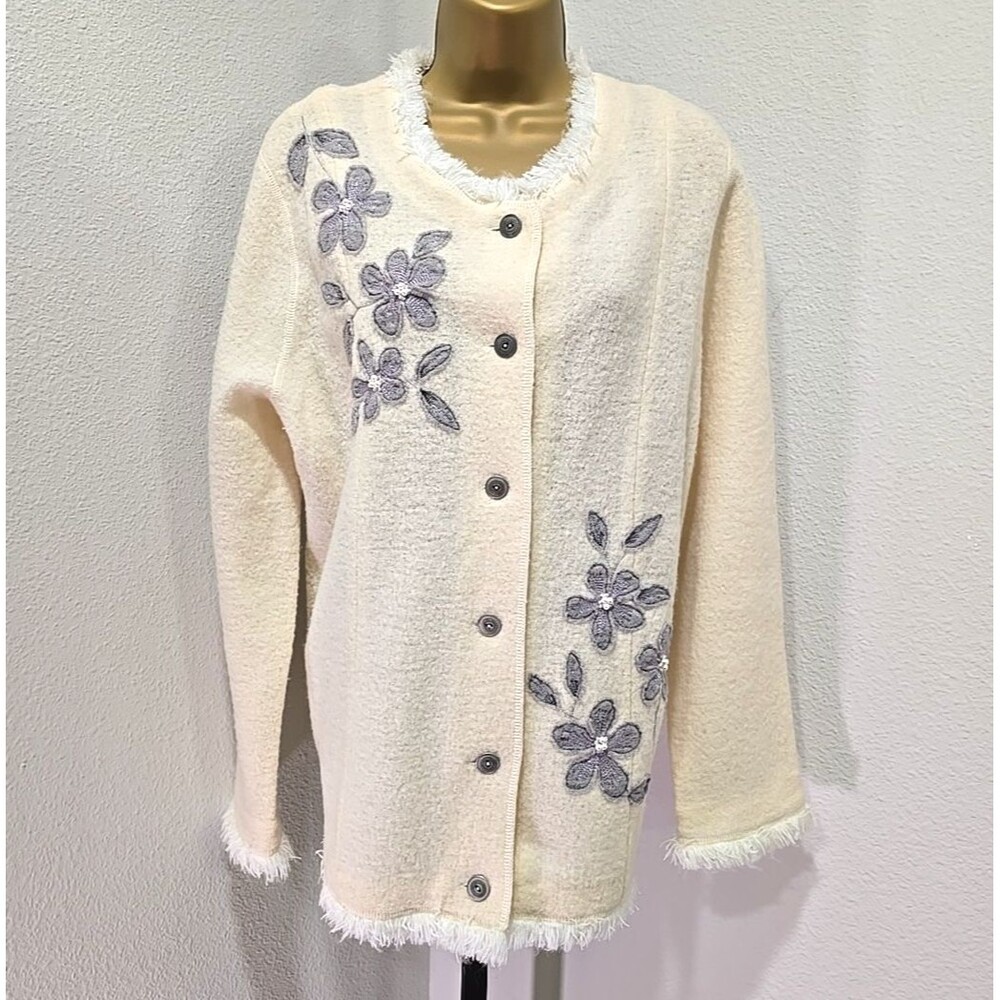 Vintage Alfred Dunner Cream Wool Jacket Cardigan Lg Embroidered Cottage Dog Show
